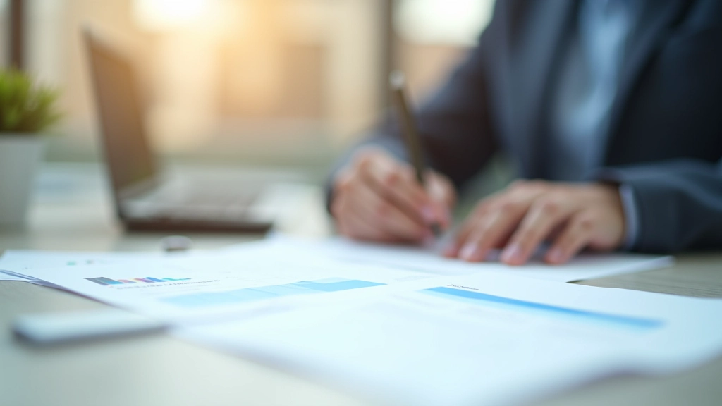 Nahaufnahme eines Schreibtisches mit Rentenbericht, Rechner und Finanzunterlagen in moderner Büroumgebung