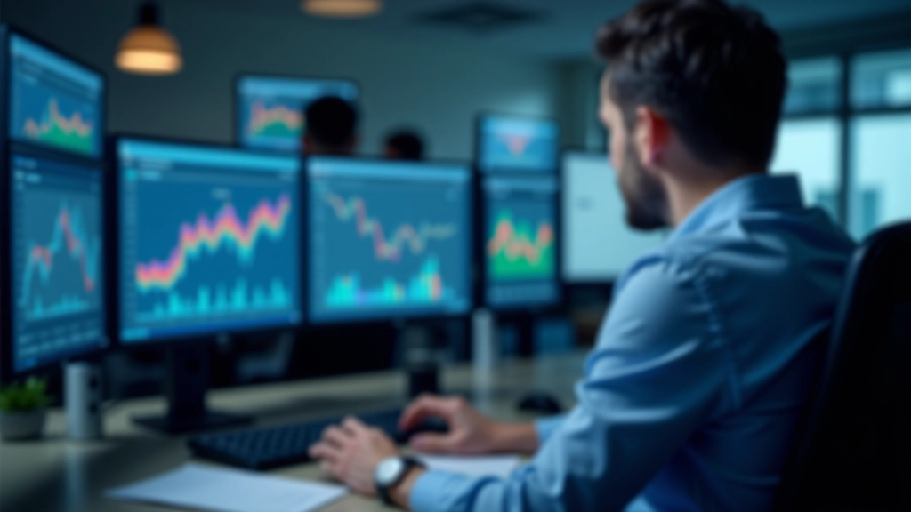 Finanzanalyst vor mehreren Bildschirmen mit Aktienmarktdaten und Fondsperformance-Charts