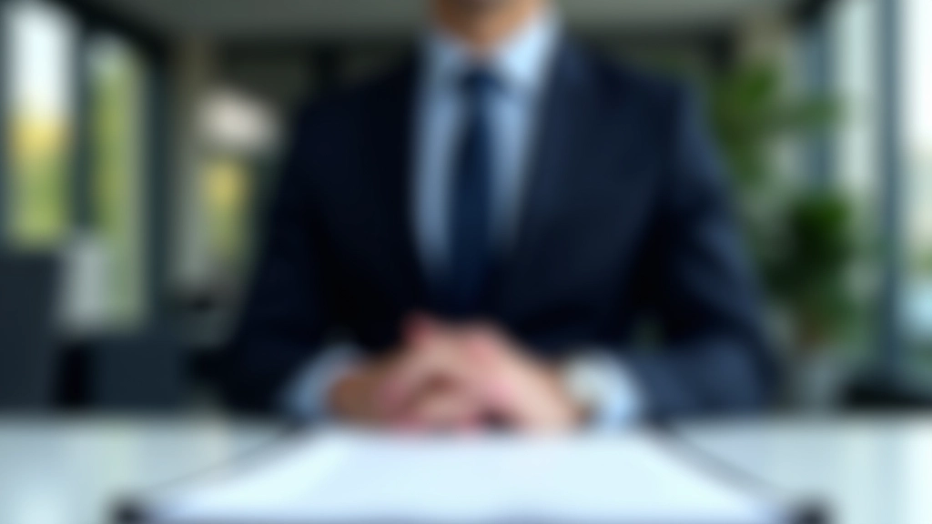 Versicherungsmakler in Anzug sitzend am Schreibtisch mit Versicherungspolice und Taschenrechner