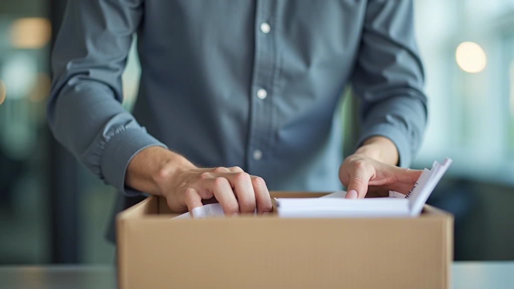 Junger Mitarbeiter räumt seinen Schreibtisch auf und nimmt seinen Ordner mit beim Jobwechsel