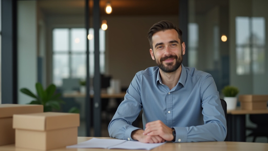 Junger Mann mit Umzugskartons sitzt am neuen Arbeitsplatz vor Laptop