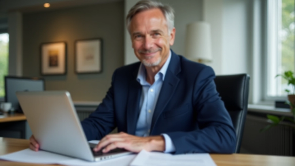 Älterer Geschäftsmann im Anzug sitzt an Schreibtisch mit Laptop und Dokumenten