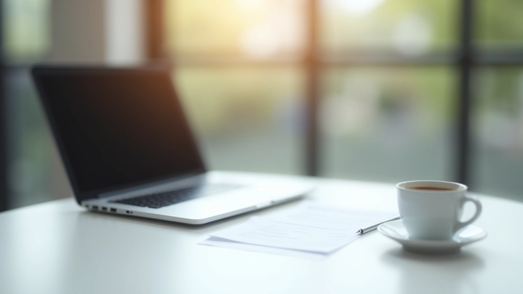 Modernes Büro mit Laptop, Dokumenten und Stift auf Schreibtisch