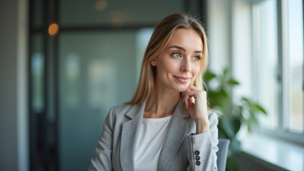 Junge Geschäftsfrau mit Laptop und Notizblock überlegt sich etwas