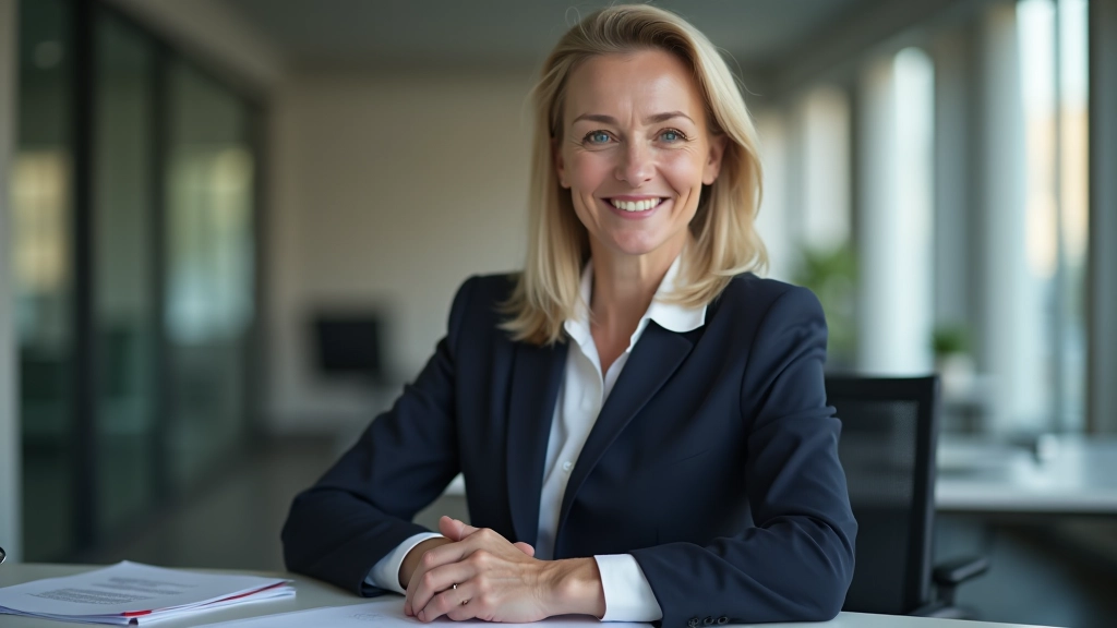 Frau mittleren Alters sitzt zufrieden am Schreibtisch mit Finanzunterlagen und Taschenrechner